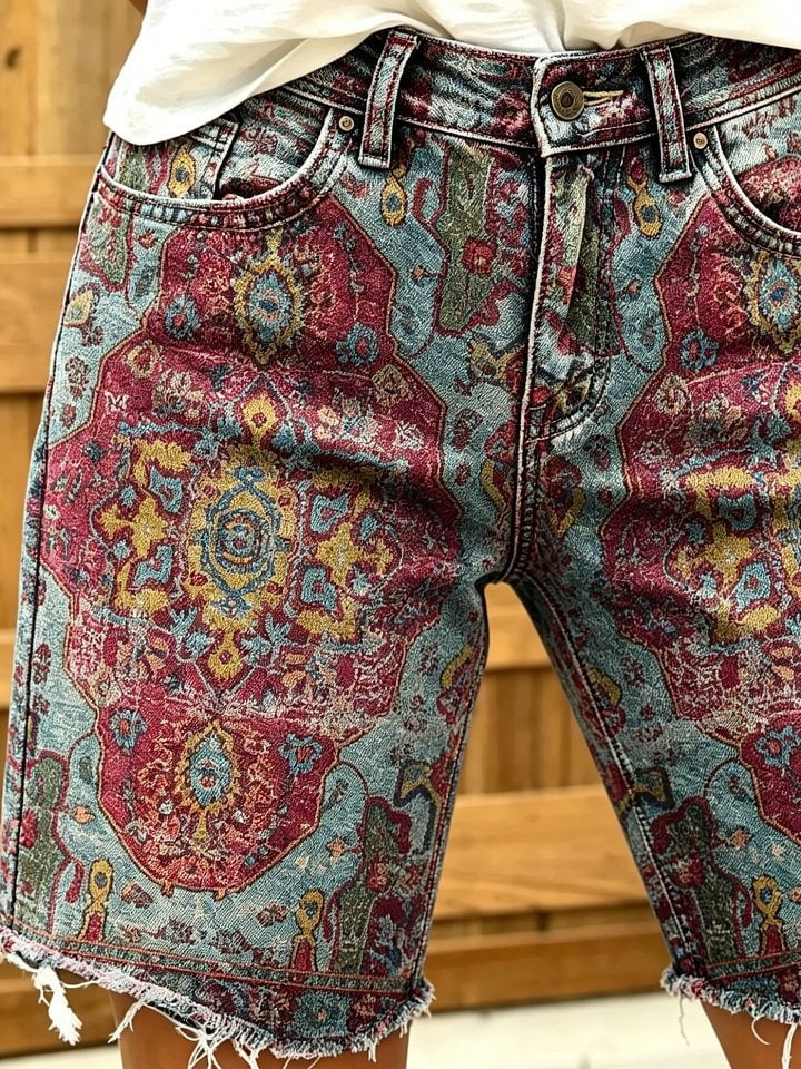 Women's Retro Ethnic Totem Art Print Casual Washed Cotton Denim Shorts