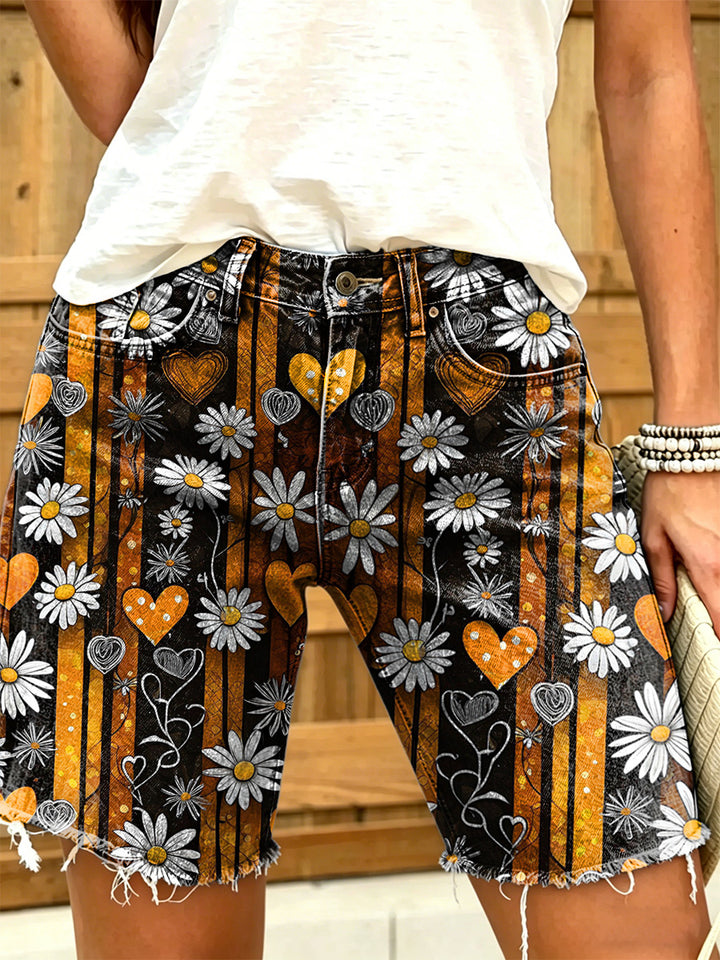 Women's Retro Floral Art Print Casual Washed Cotton Denim Shorts