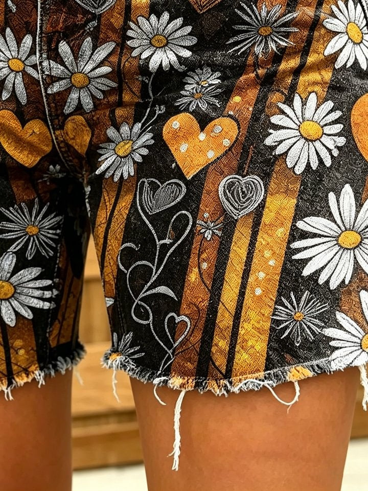 Women's Retro Floral Art Print Casual Washed Cotton Denim Shorts