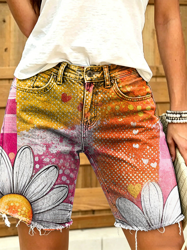 Women's Retro Colorful Floral Art Print Casual Washed Cotton Denim Shorts