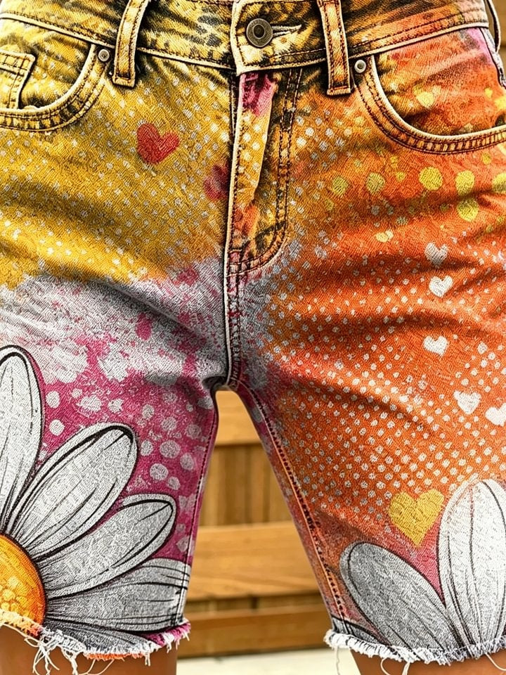 Women's Retro Colorful Floral Art Print Casual Washed Cotton Denim Shorts