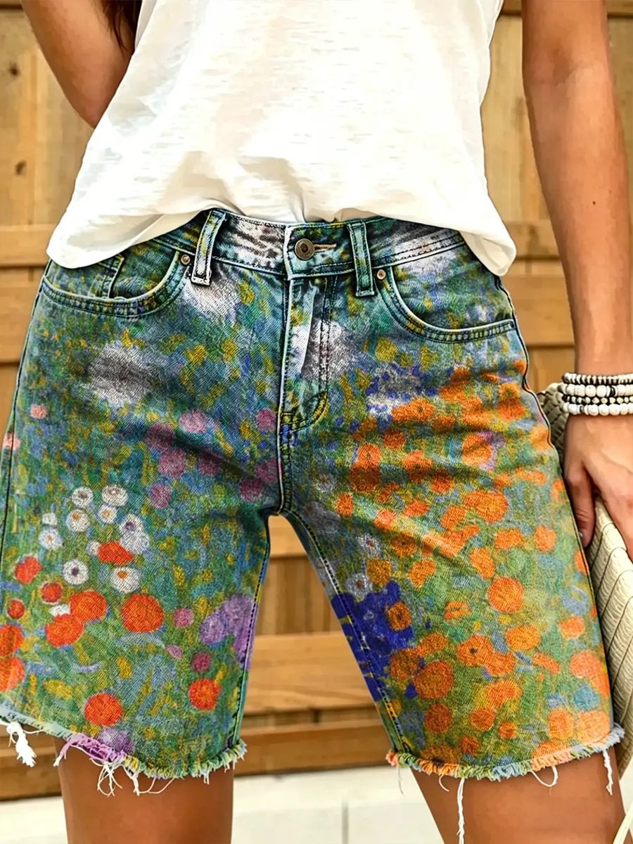 Retro ethnic floral pattern women's art print casual denim shorts