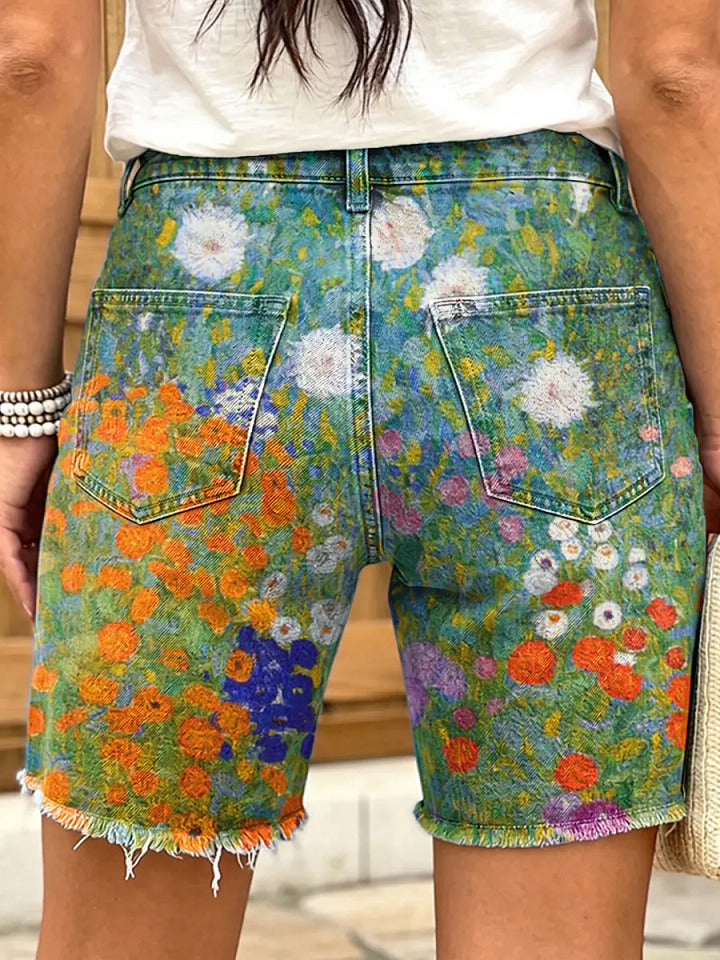 Retro ethnic floral pattern women's art print casual denim shorts