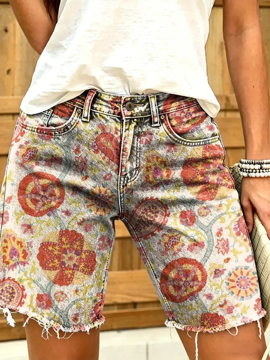 Retro ethnic style floral paisley print women's casual denim shorts