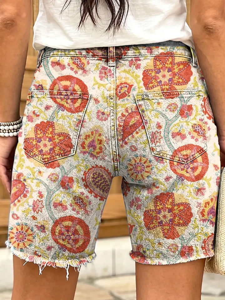 Retro ethnic style floral paisley print women's casual denim shorts