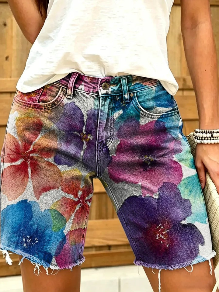Women's colorful watercolor floral print art print casual denim shorts