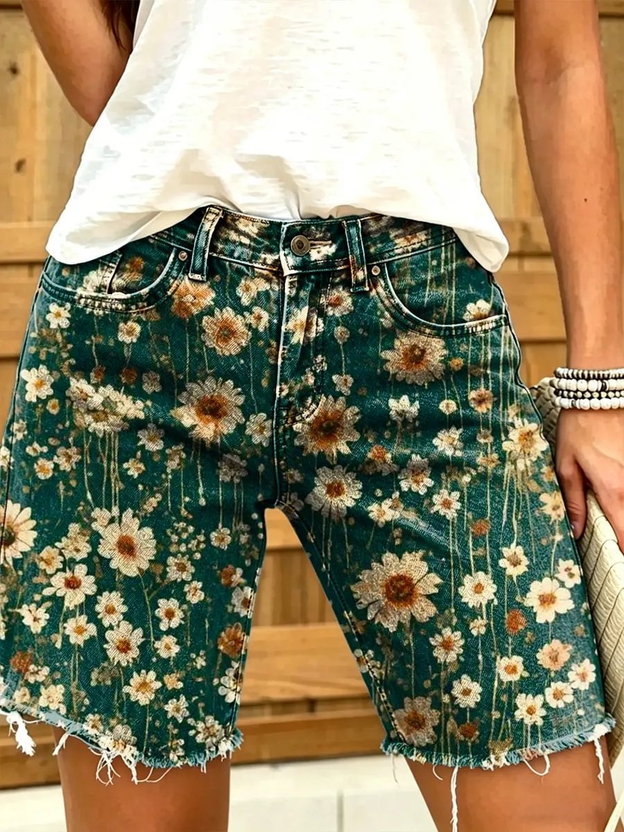 Retro floral print women's art print casual denim shorts