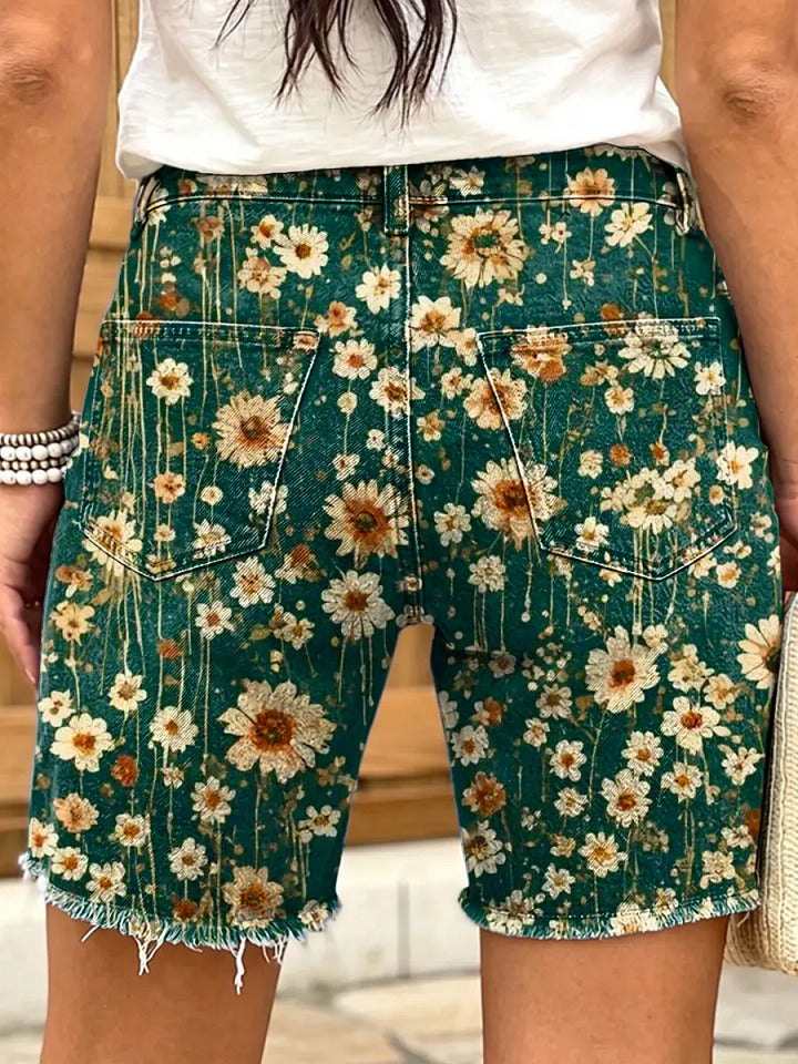 Retro floral print women's art print casual denim shorts