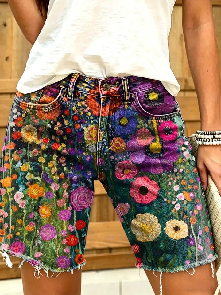 Retro Abstract Flowers Women's Art Print Casual Denim Shorts