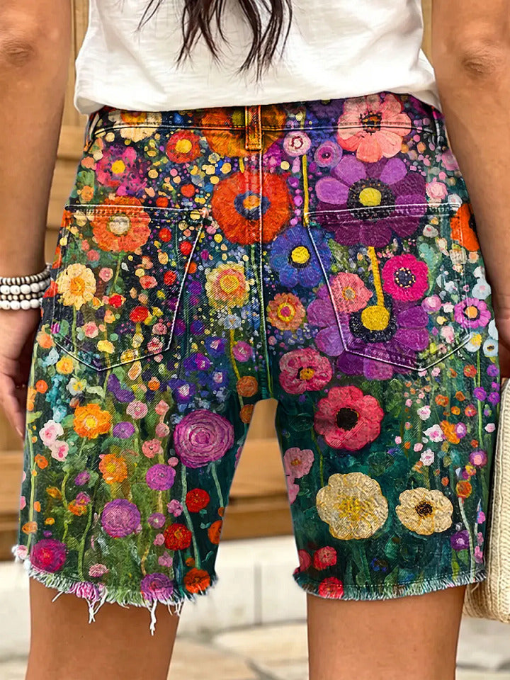 Retro Abstract Flowers Women's Art Print Casual Denim Shorts