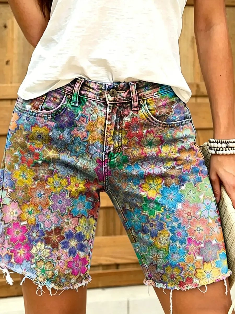 Ethnicity Colorful Flowers Women's Art Print Casual Denim Shorts