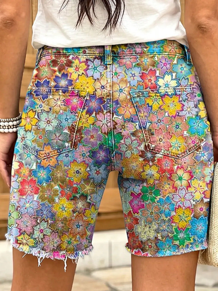 Ethnicity Colorful Flowers Women's Art Print Casual Denim Shorts