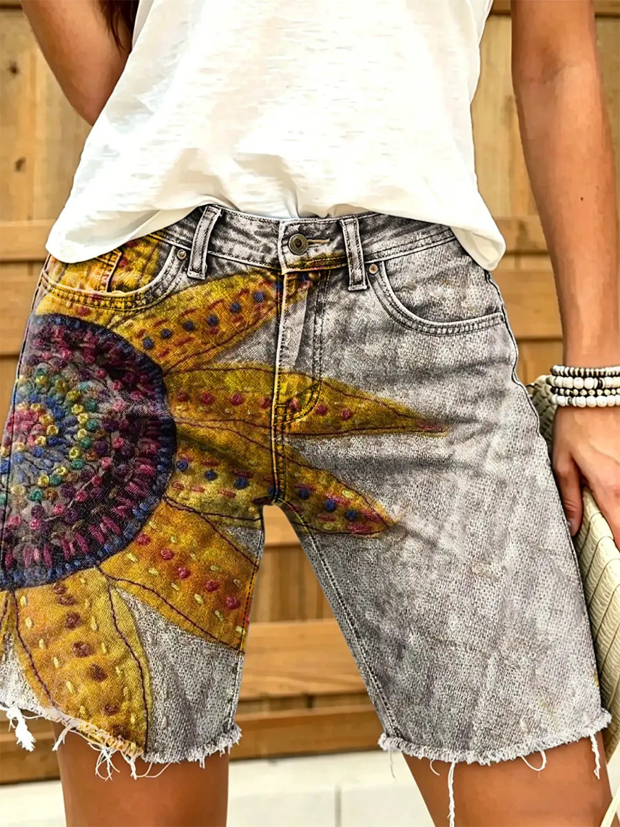 Women's Retro Sunflower Print Frayed Denim Bermuda Shorts