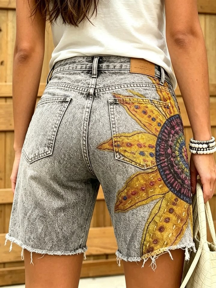 Women's Retro Sunflower Print Frayed Denim Bermuda Shorts