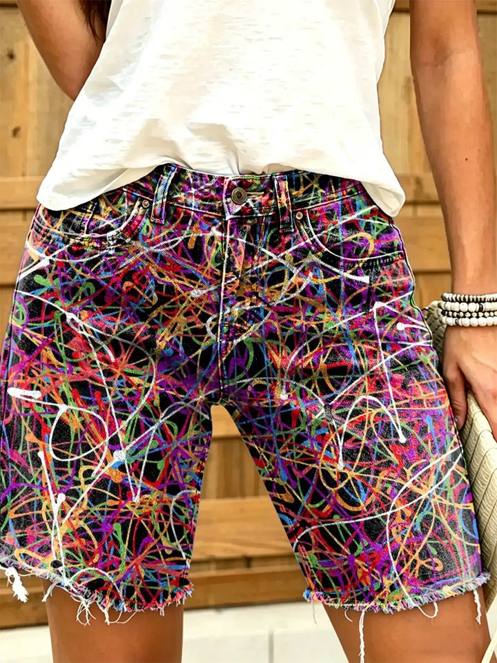 Women's Abstract Graffiti Line Print Frayed Denim Bermuda Shorts