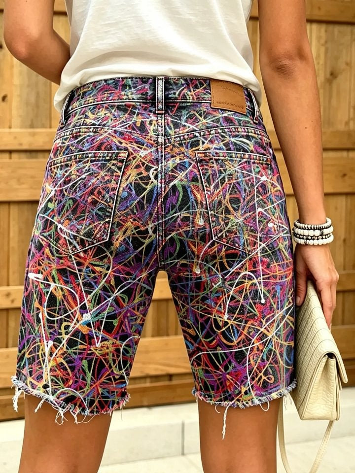 Women's Abstract Graffiti Line Print Frayed Denim Bermuda Shorts