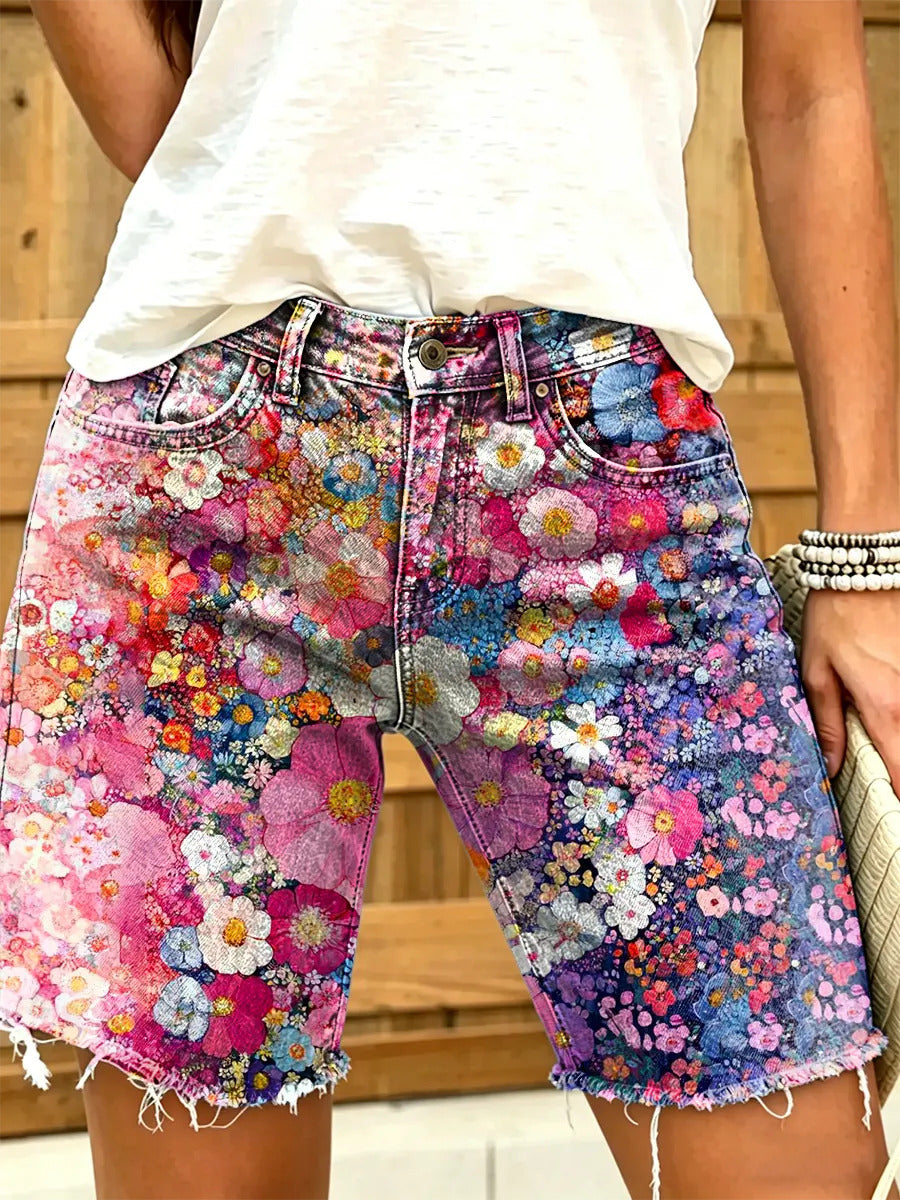 Women's All-Over Watercolor Floral Print Frayed Denim Bermuda Shorts