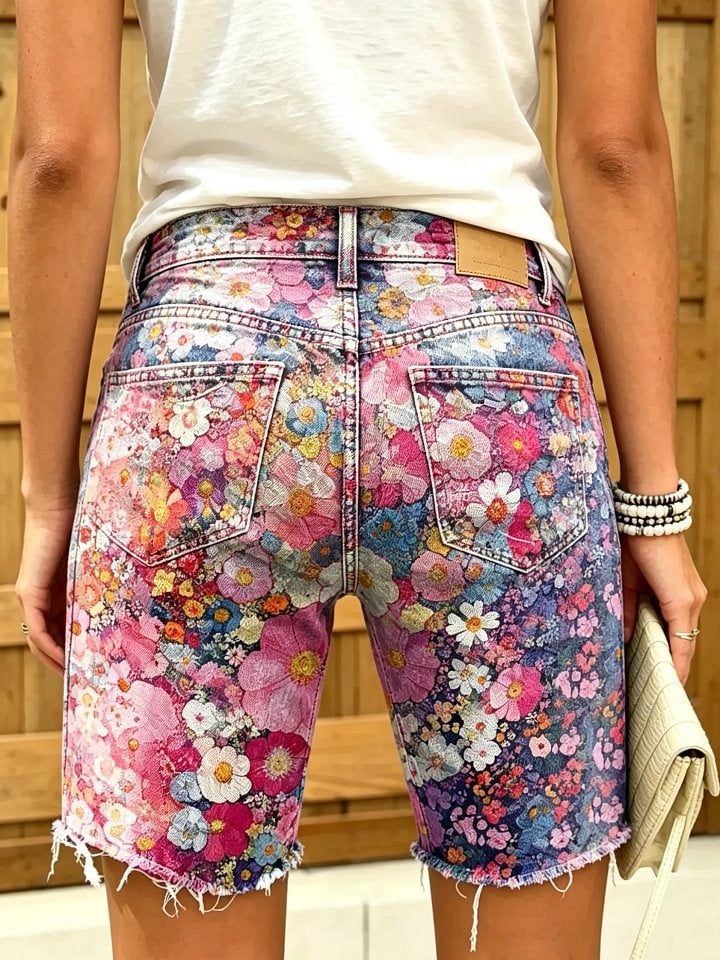 Women's All-Over Watercolor Floral Print Frayed Denim Bermuda Shorts