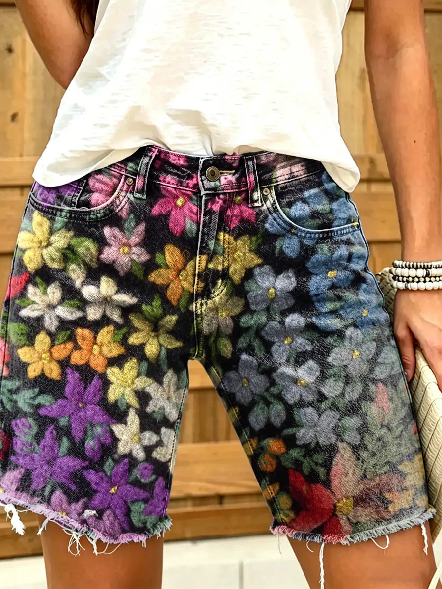Women's Vintage Distressed Floral Print Frayed Denim Bermuda Shorts