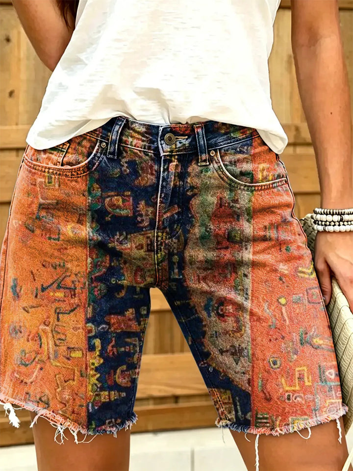 Women's Retro Abstract Patchwork Print Frayed Denim Bermuda Shorts
