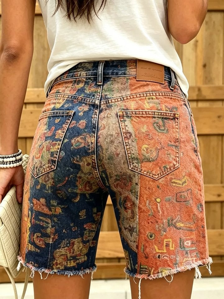 Women's Retro Abstract Patchwork Print Frayed Denim Bermuda Shorts