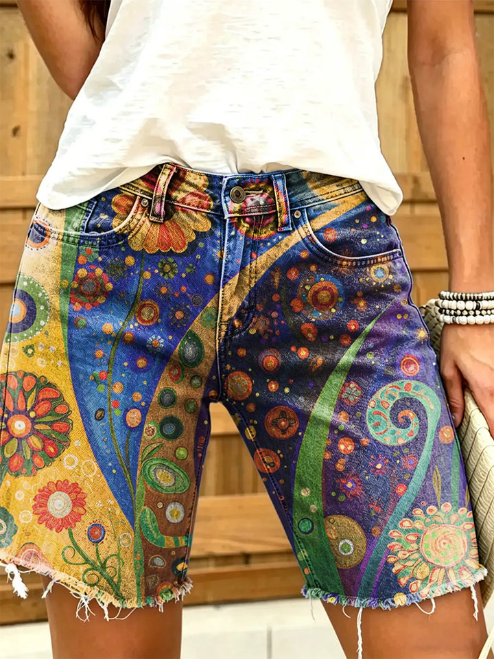 Women's Bohemian-style mandala print frayed denim Bermuda shorts