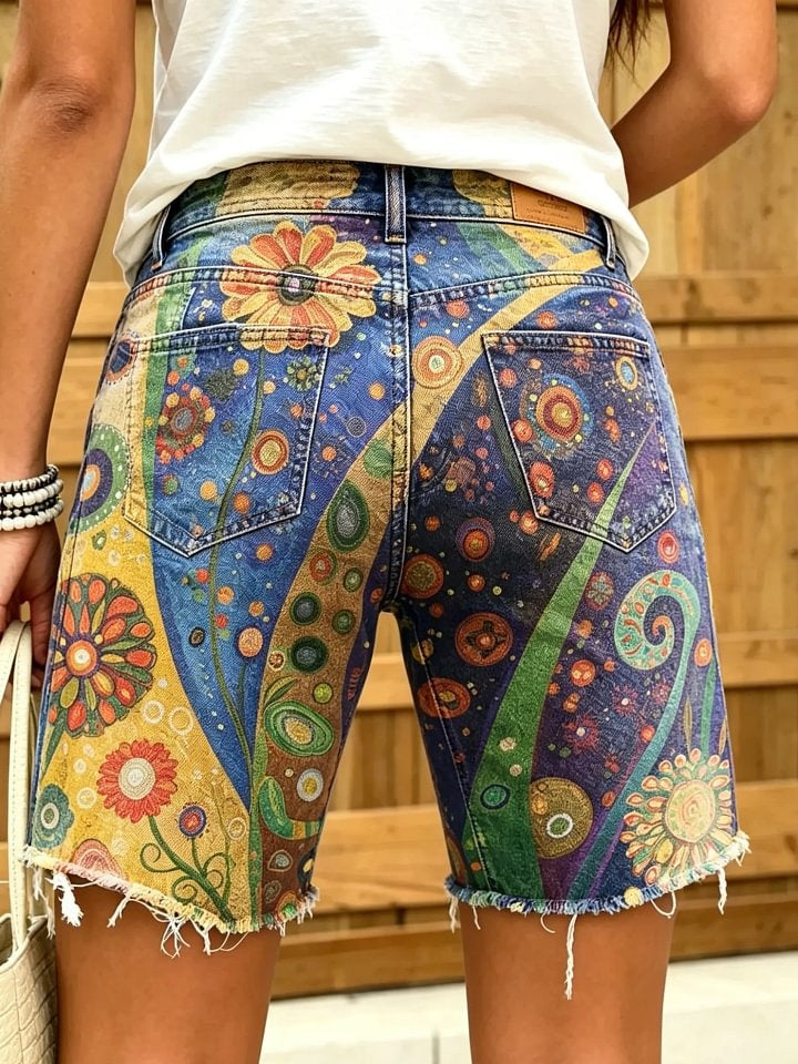 Women's Bohemian-style mandala print frayed denim Bermuda shorts