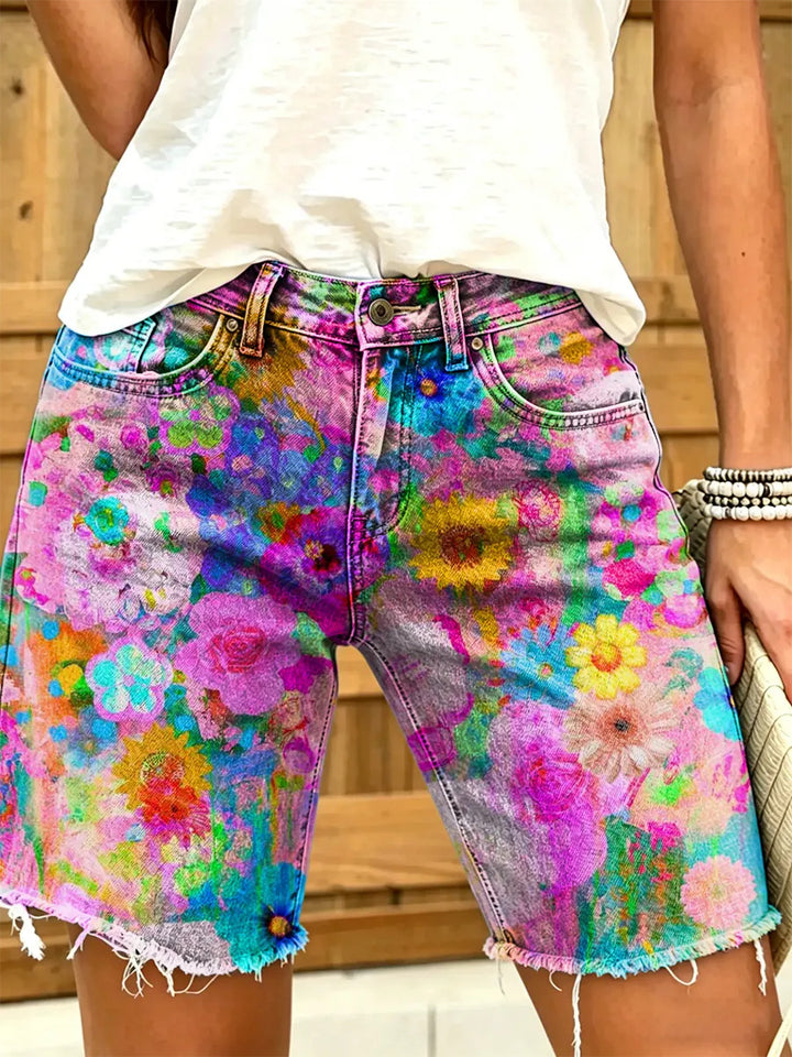 Women's Gradient Watercolor Floral Print Frayed Denim Bermuda Shorts