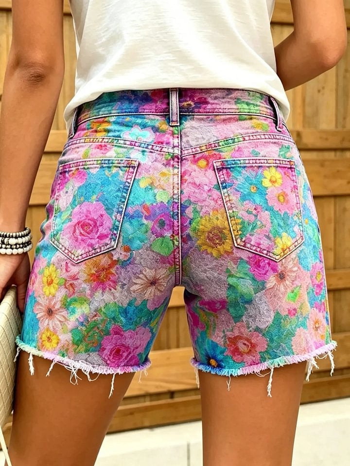 Women's Gradient Watercolor Floral Print Frayed Denim Bermuda Shorts