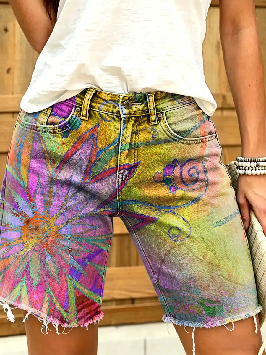 Women's Watercolor Big Floral Print Frayed Denim Bermuda Shorts