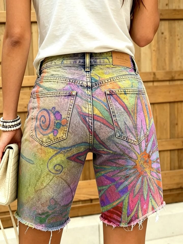 Women's Watercolor Big Floral Print Frayed Denim Bermuda Shorts