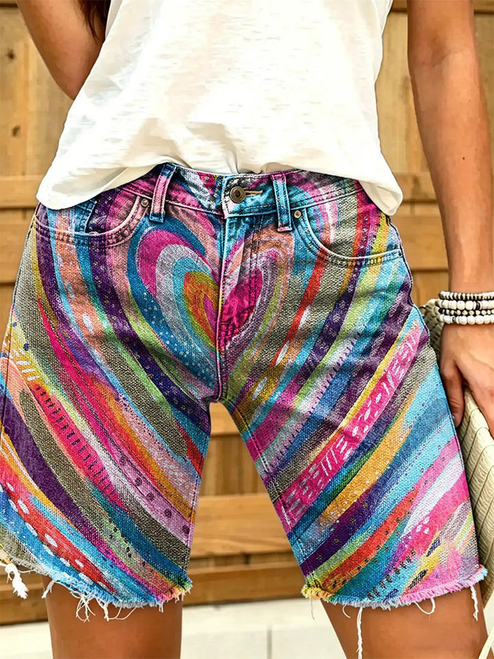 Women's Rainbow Heart Stripe Print Frayed Denim Bermuda Shorts