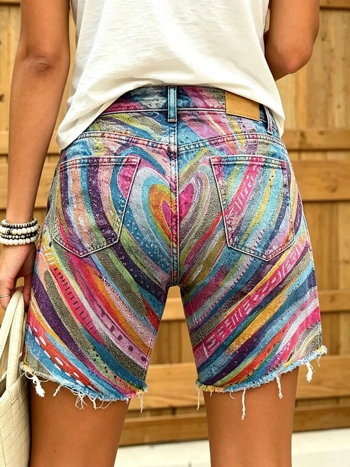 Women's Rainbow Heart Stripe Print Frayed Denim Bermuda Shorts