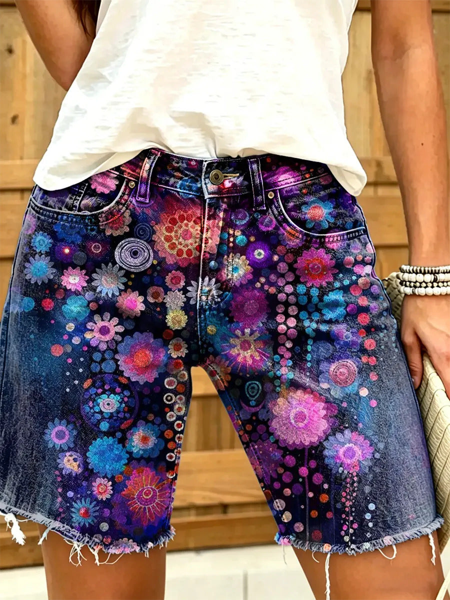 Women's Mandala Floral Print Frayed Denim Bermuda Shorts