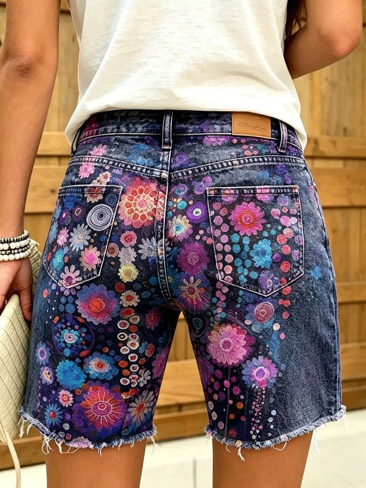 Women's Mandala Floral Print Frayed Denim Bermuda Shorts