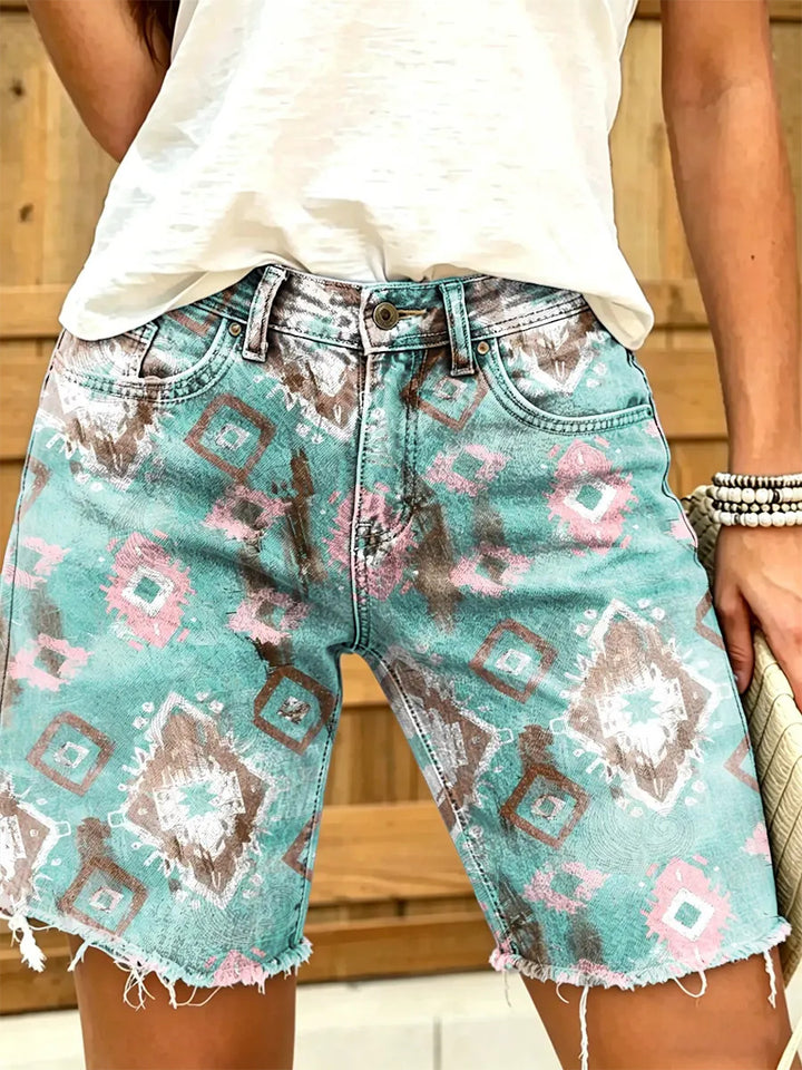 Women's Aztec Tribal Print Frayed Hem Denim Shorts