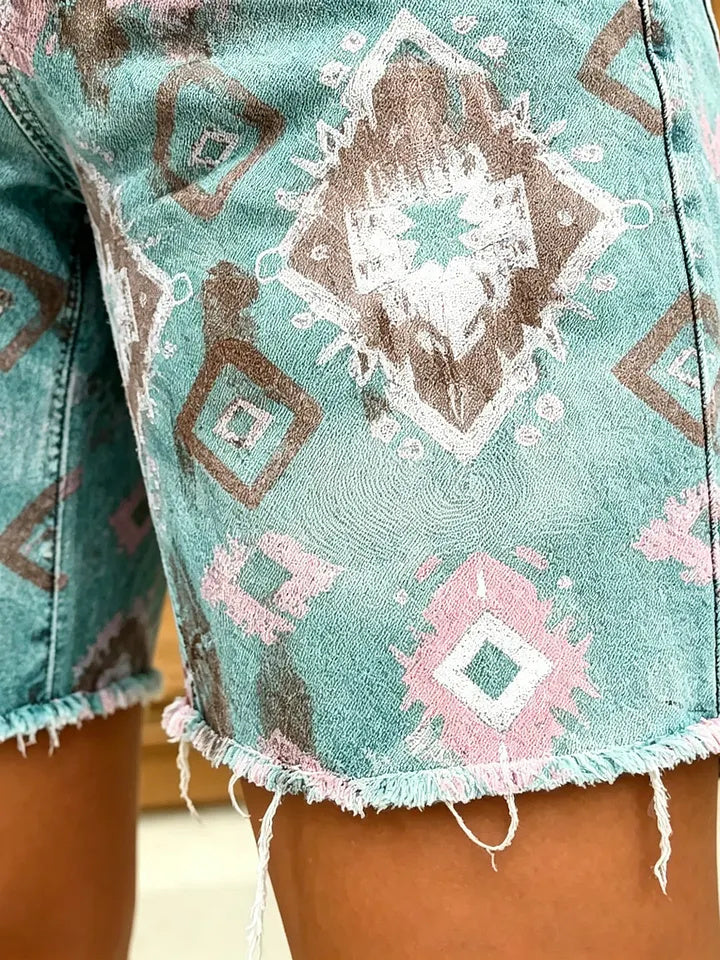 Women's Aztec Tribal Print Frayed Hem Denim Shorts