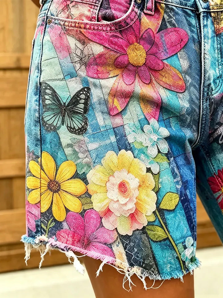 Women's Peace Symbol and Floral Patchwork Print Frayed Denim Shorts