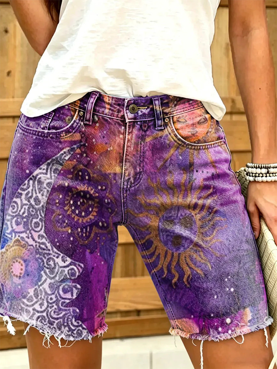 Women's Sun & Moon Celestial Print Frayed Hem Denim Shorts
