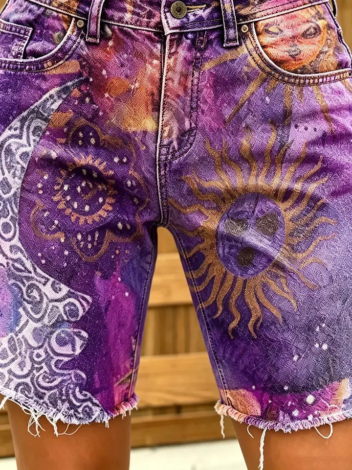 Women's Sun & Moon Celestial Print Frayed Hem Denim Shorts