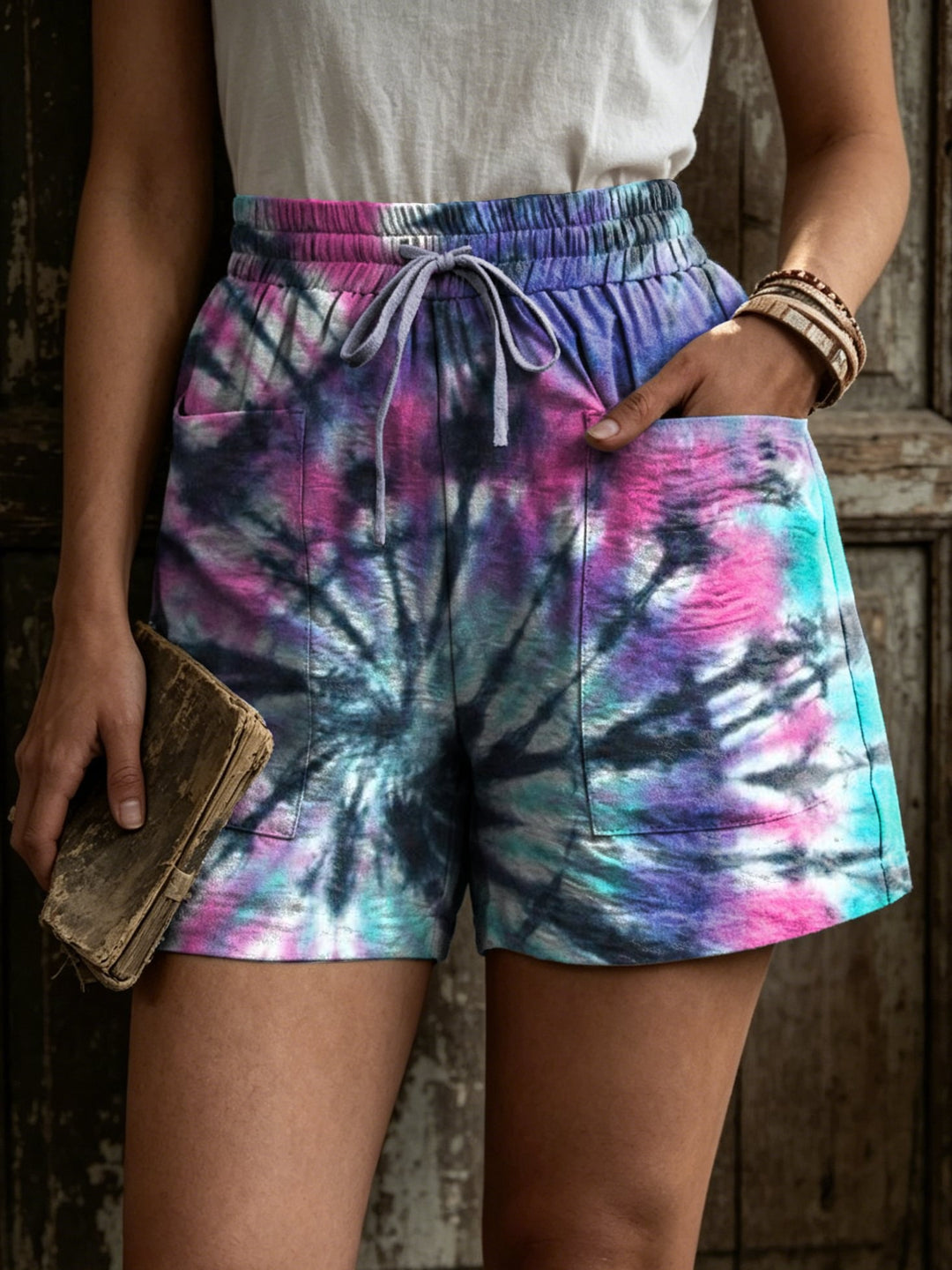 Women's Retro Tie-Dye Art Print Casual Pocket Cotton Linen Shorts