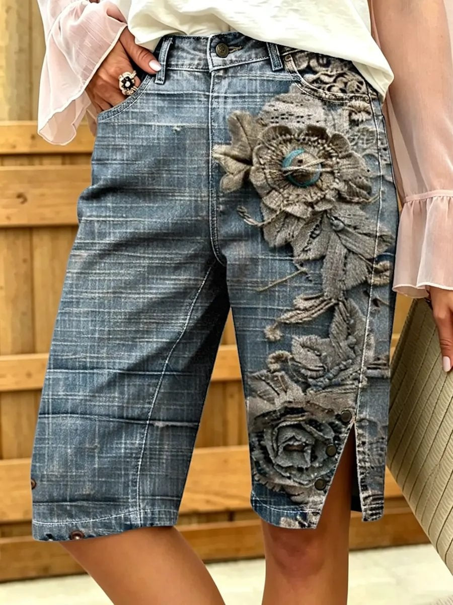 Women's Printed Washed Denim Bermuda Shorts