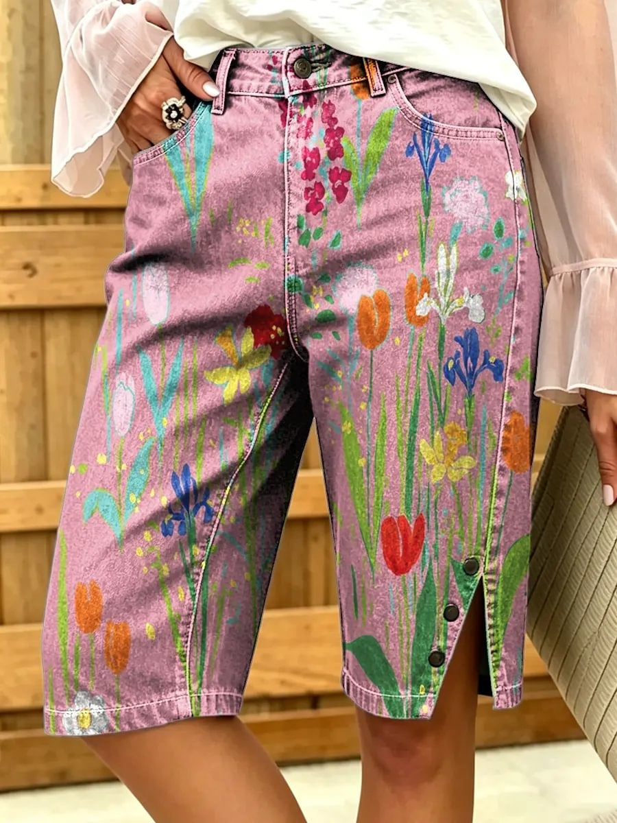 Women's Tulip Garden Print Bermuda Denim Shorts