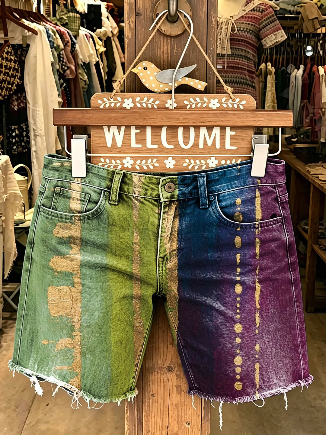 Women's Oil Painting Texture Art Print Casual Denim Shorts