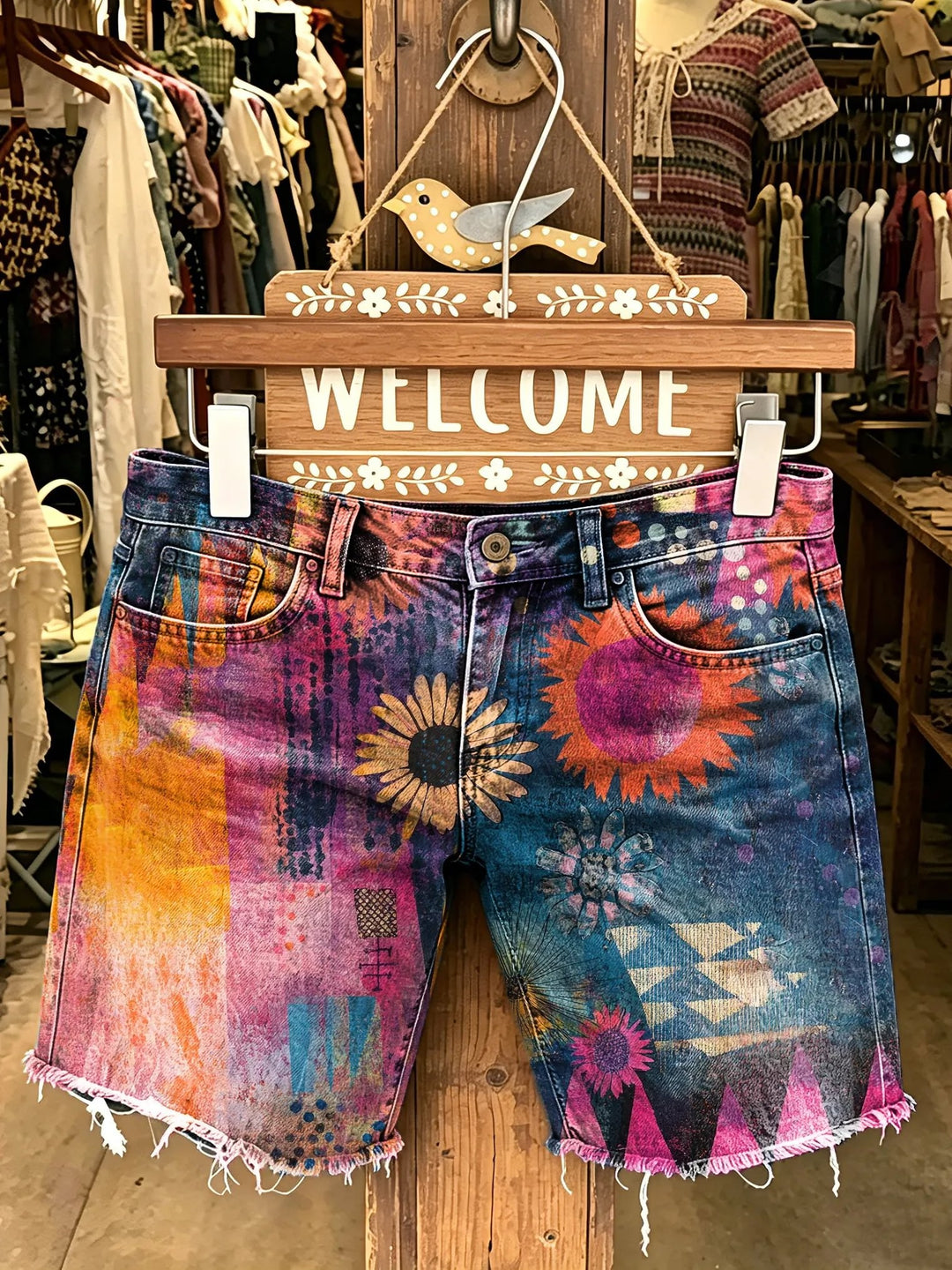 Women's Bohemian Floral Art Print Casual Denim Shorts