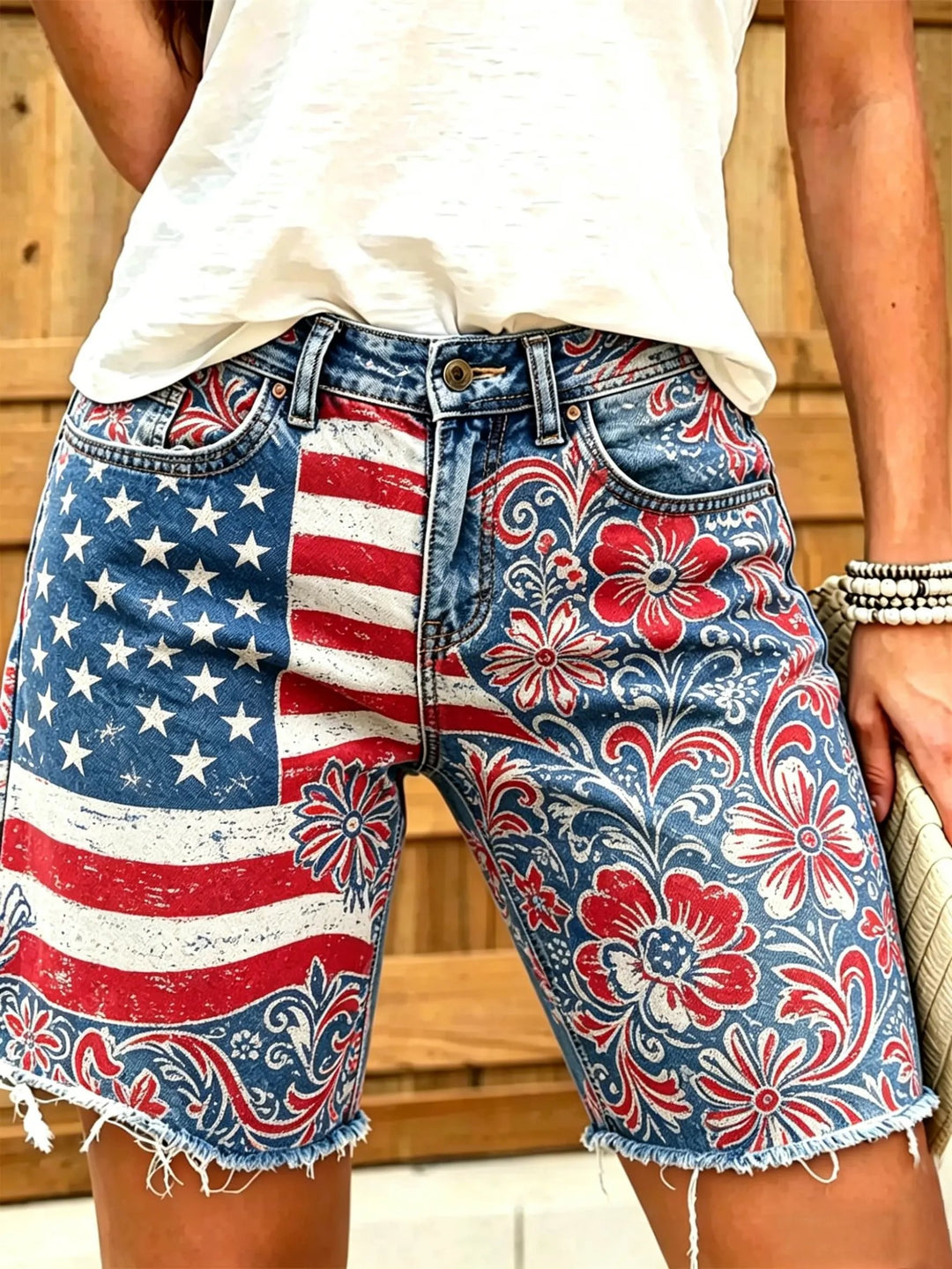 Women's American flag paisley floral distressed print frayed denim Bermuda shorts