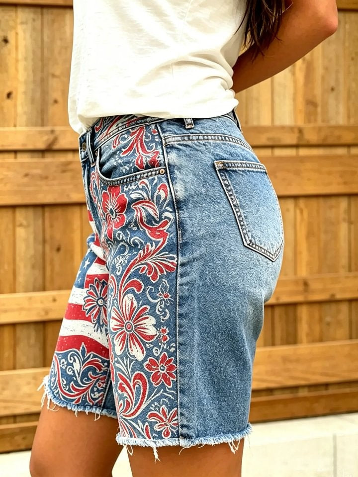 Women's American flag paisley floral distressed print frayed denim Bermuda shorts