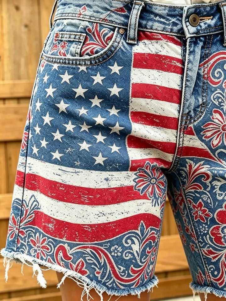 Women's American flag paisley floral distressed print frayed denim Bermuda shorts