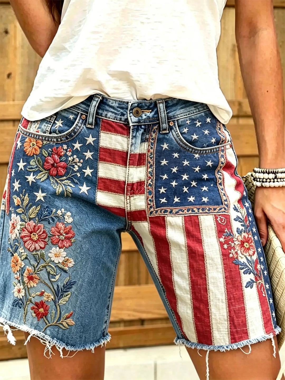 Women's American Flag Floral Print Frayed Hem Denim Bermuda Shorts