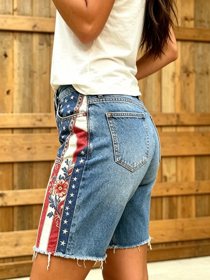 Women's American Flag Floral Print Frayed Hem Denim Bermuda Shorts